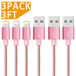 Cable Phone, Chargeur Phone avec Nylon Tressé Câble USB Chargeur Phone (1M/3FT-3Pack,Rose Gold)